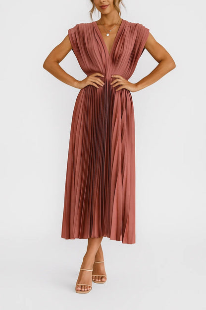Pleated V-Neck Midi Dress