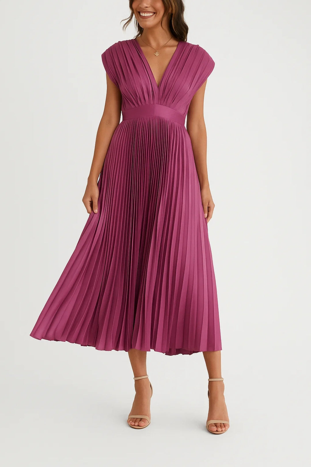 Vestido midi plisado con escote en V