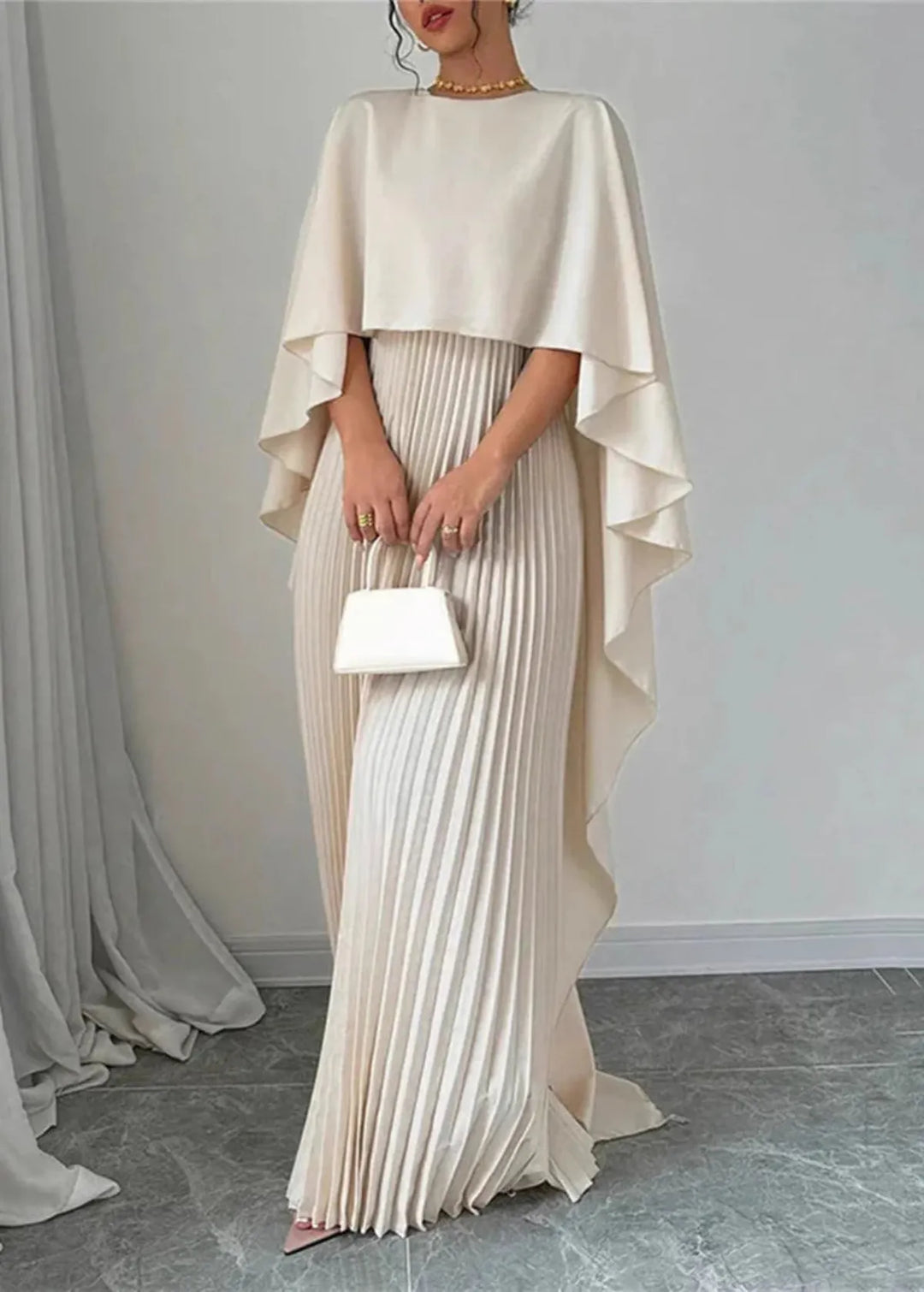 Women’s Pleated Cape Overlay Maxi Dress