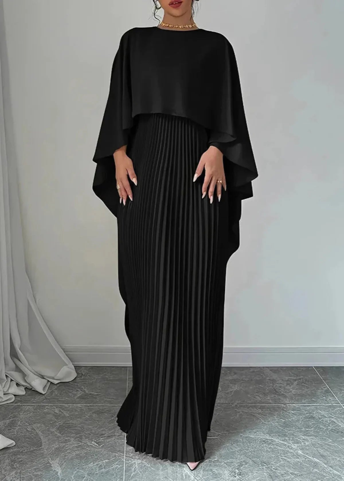 Women’s Pleated Cape Overlay Maxi Dress