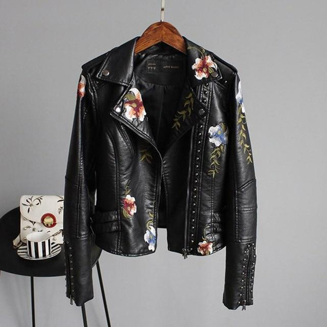 Women’s Floral Design Zip-up Biker Jacket