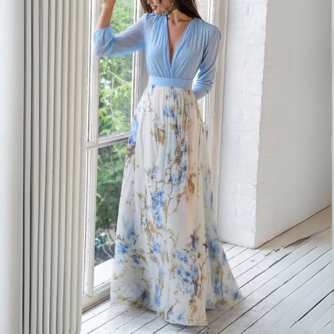 Maxivestido floral con cuello en V para mujer