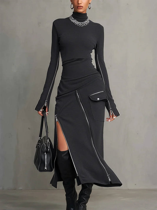Vivian | Polyester-Blend High-Neck Zip-Pocket Set