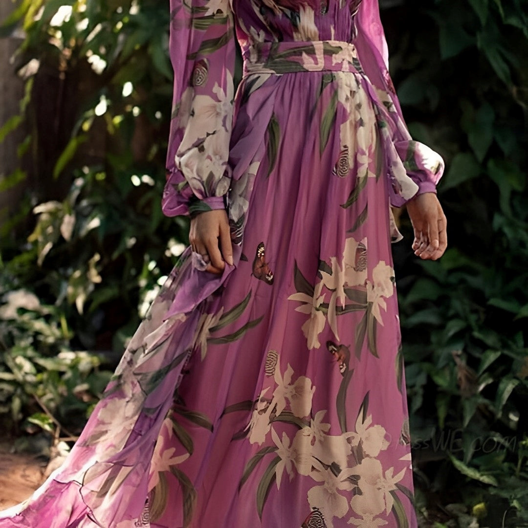 Vestido maxi de cuello en V floral cómodo para mujer