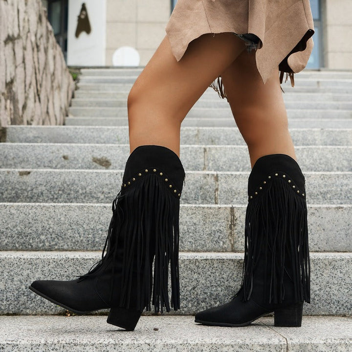 Women’s Fringe High Heel Boots with Studs