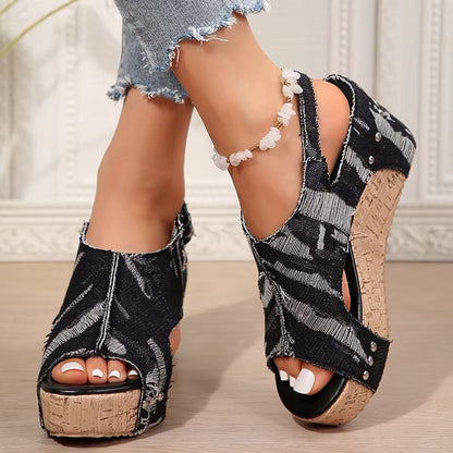 Women Cork Denim Wedge Sandals
