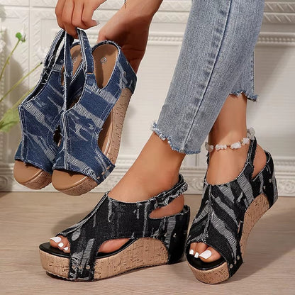 Women Cork Denim Wedge Sandals