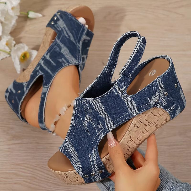 Women Cork Denim Wedge Sandals