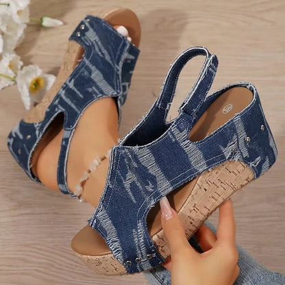 Women Cork Denim Wedge Sandals