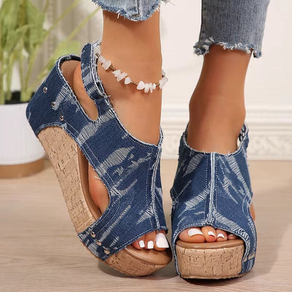 Women Cork Denim Wedge Sandals