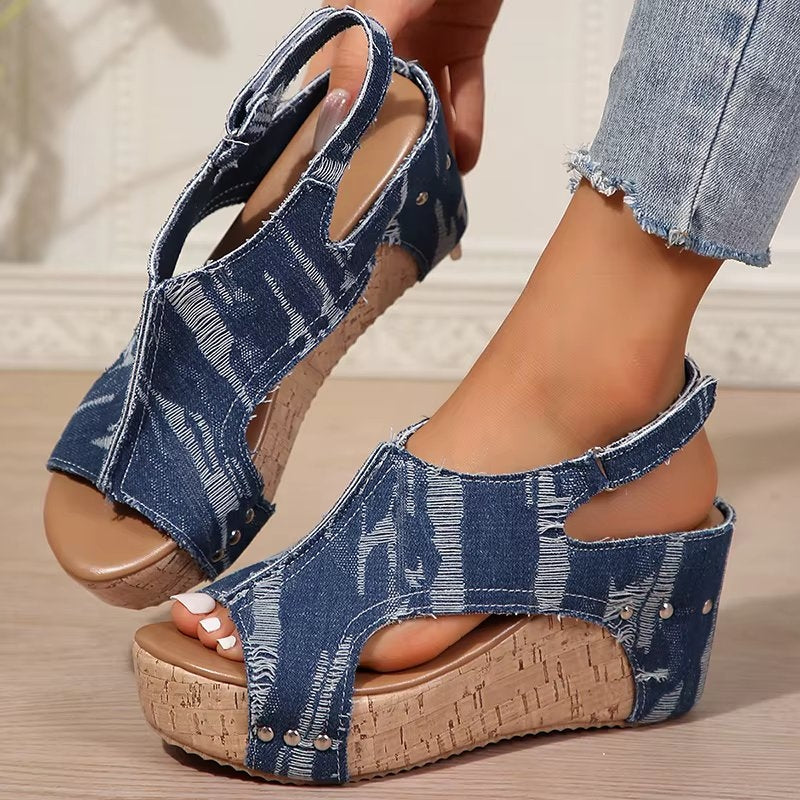 Women Cork Denim Wedge Sandals