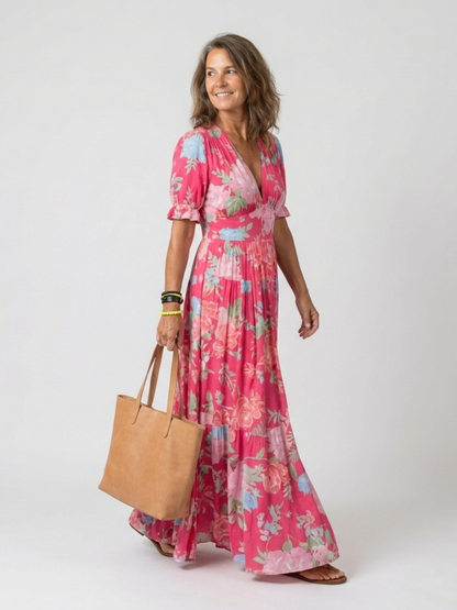 Adelisse - Floral Pleated Maxi Dress