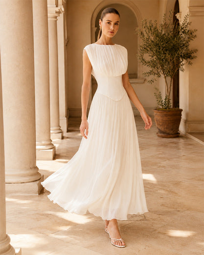 Evelina | Elegant Ivory Chiffon Midi Dress