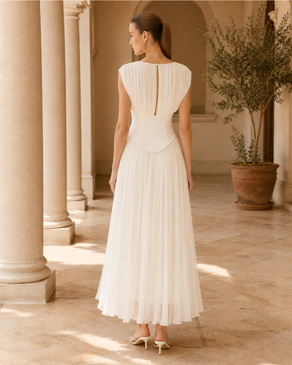 Evelina | Elegant Ivory Chiffon Midi Dress