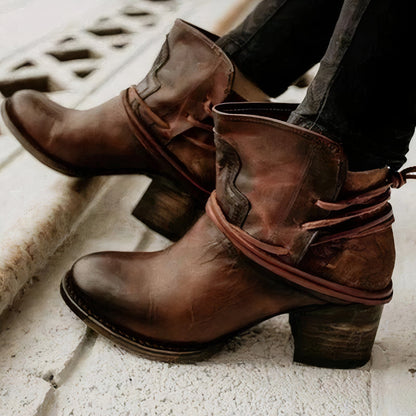 Leather – Western Style – Block Heel – Wrapped Lacing Detail