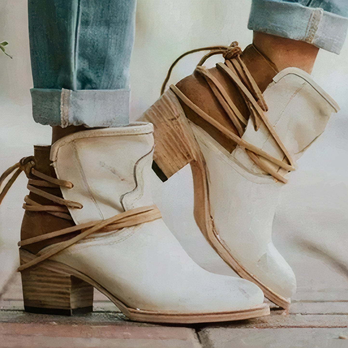 Leather – Western Style – Block Heel – Wrapped Lacing Detail