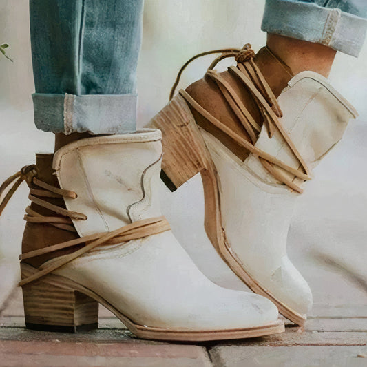 Leather – Western Style – Block Heel – Wrapped Lacing Detail