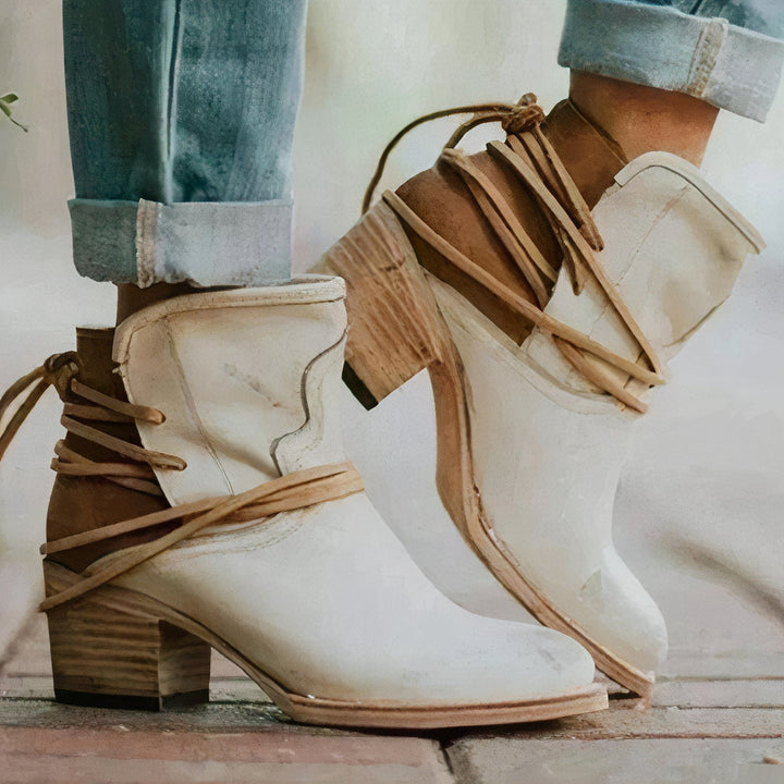 Piel – Estilo del Oeste – Tacón Bloque – Detalle de Cordones Envueltos