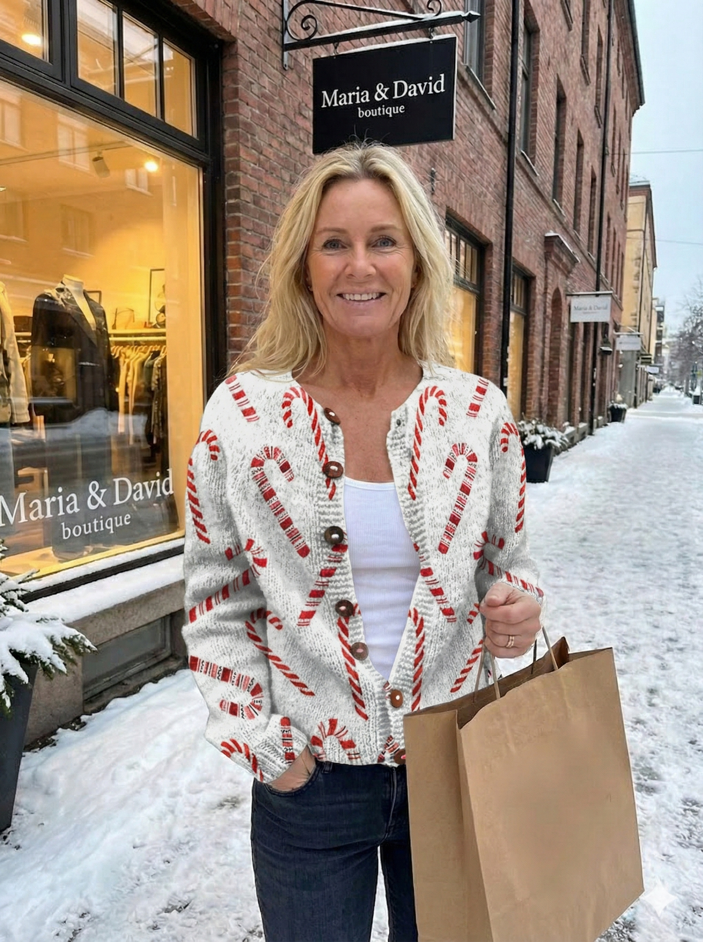 Festive Candy Cane Decorative Pattern Buttoned Cardigan Sweater