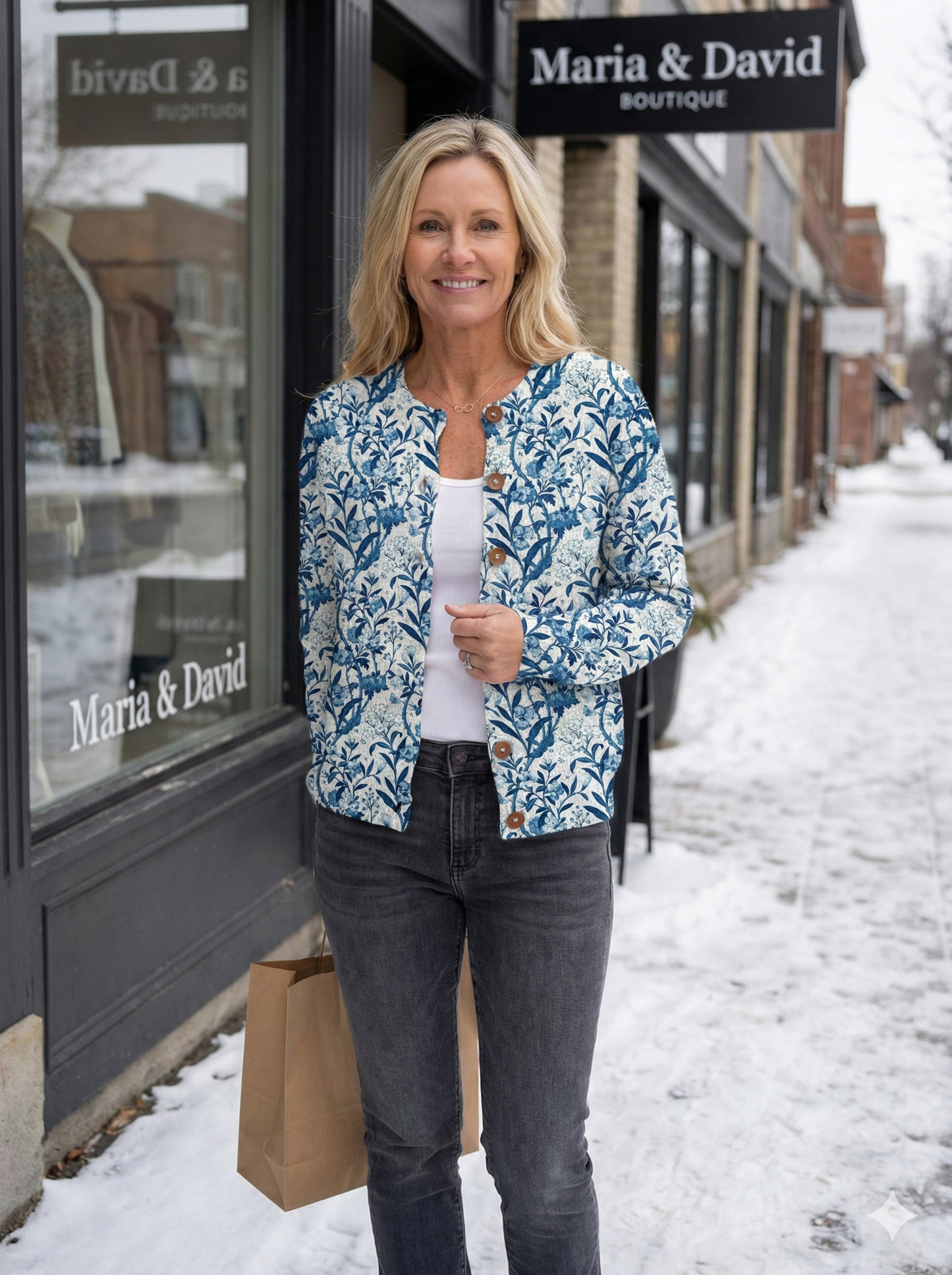 Elegant Blue And White Floral Pattern Print Buttoned Cardigan Sweater