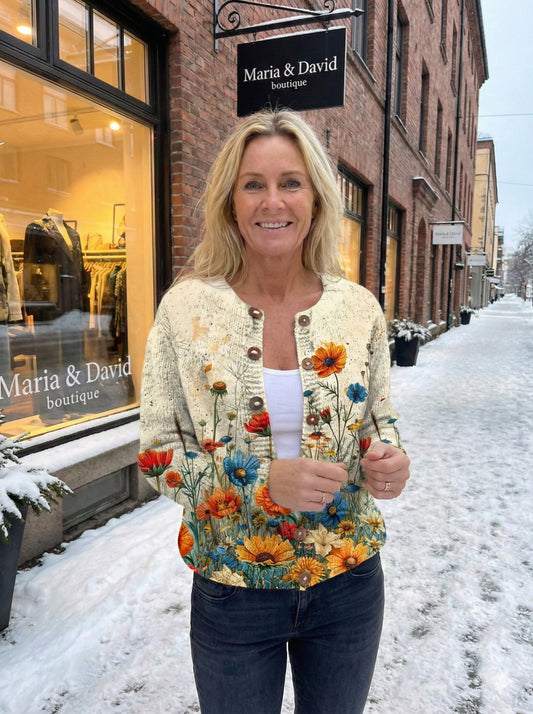 Suéter tipo cárdigan con botones y estampado de flores vintage