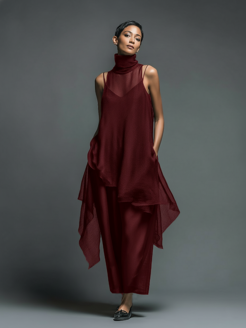 Women's Minimalist Imitation Acetate Slip Dress Paired With A Chiffon Overlay Maxi Dress
