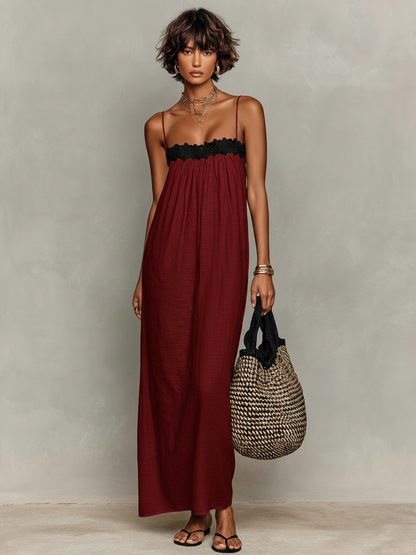 Women's Minimalist Linen-Blend Lace-Paneled Strapless With Spaghetti Straps Maxi Dress