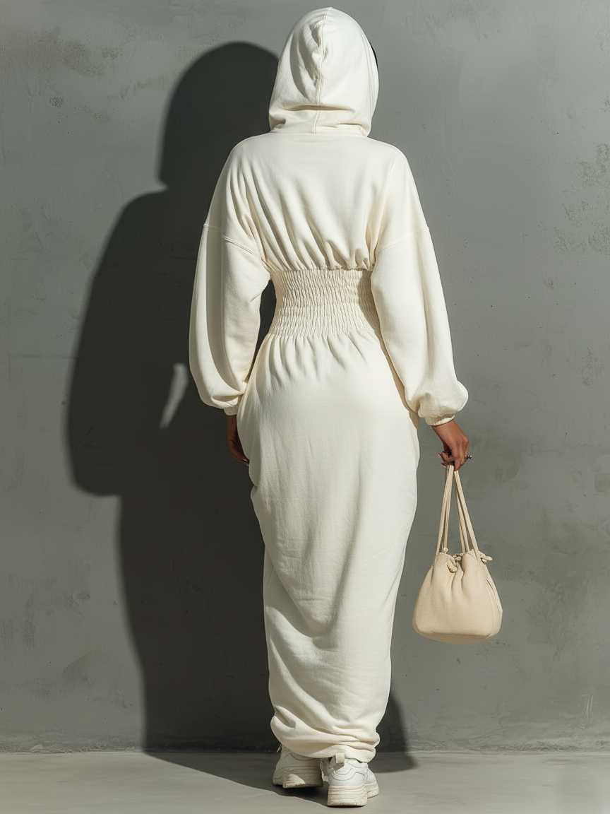 Women's Minimalist Waist Shirring Hooded Sweatshirt Maxi Dress