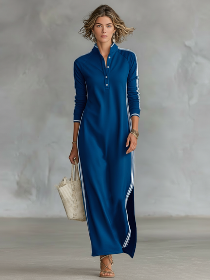 Women's Minimalist White-trimmed Button-down Collar Sweatshirt Maxi Dress