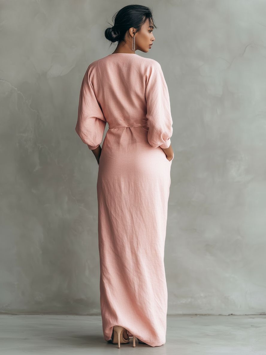 Women's Pink Minimalist V-neck Linen Blend Maxi Dress