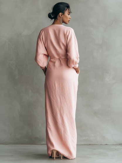 Women's Pink Minimalist V-neck Linen Blend Maxi Dress