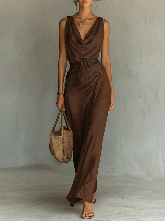 Women's Minimalist Cowl Neck Sleeveless Belted Maxi Dress
