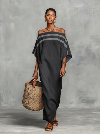 Maxi Minimalist Dress for Women with Off-the-Shoulder Neckline and Batwing Sleeves
