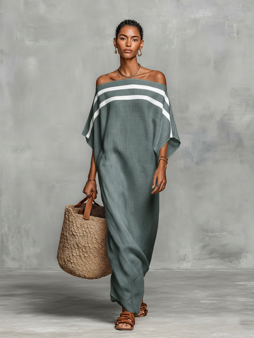 Women's Minimalist Linen Blend Off-the-shoulder Batwing Sleeve Straight-cut Maxi Dress