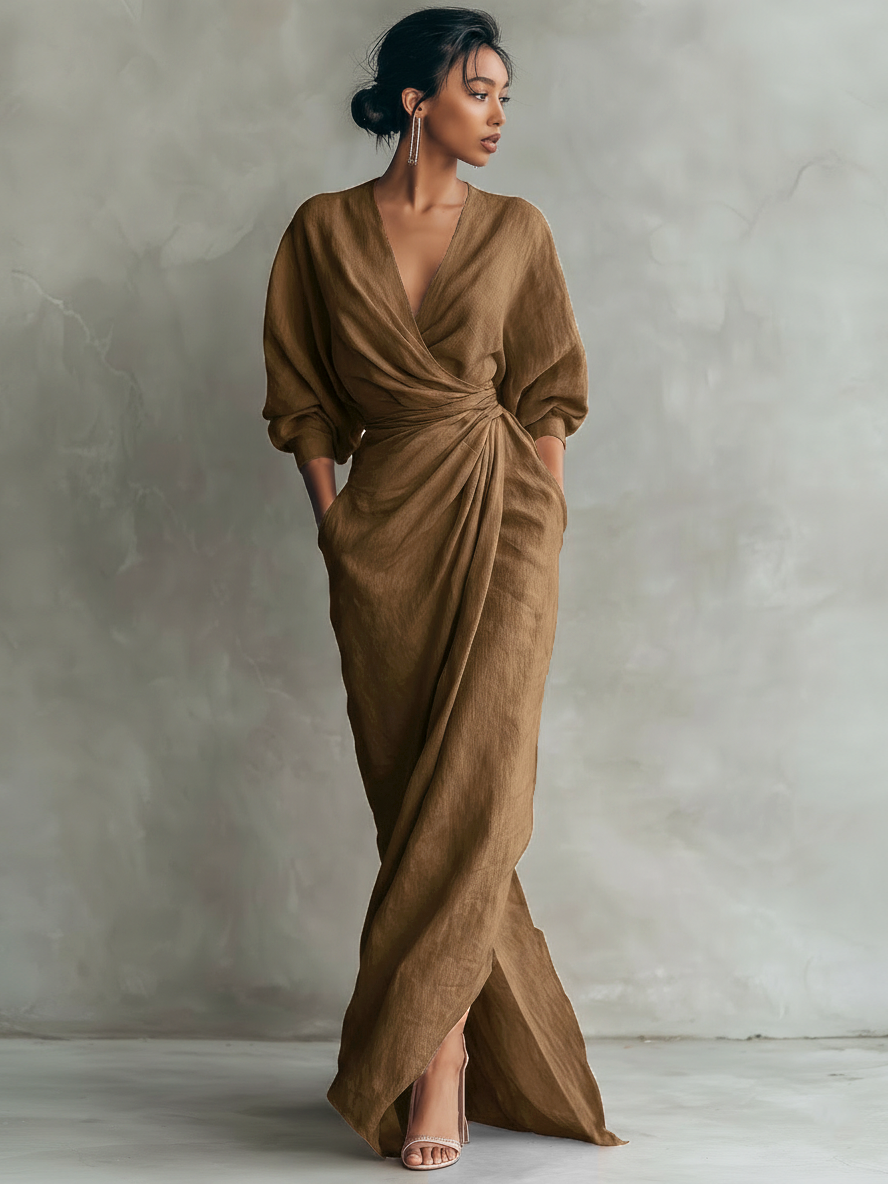 Pink Minimalist Maxi Dress with V-Neck for Women