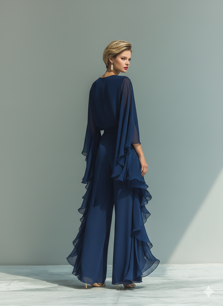 Navy Blue Top Set with Flared Sleeves and Straight-Leg Pants with Ruché Details