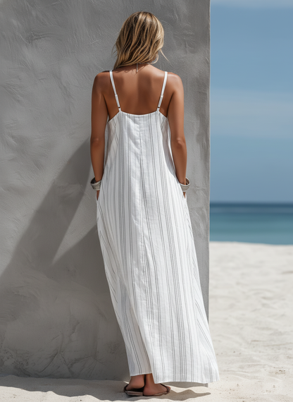 Women's Casual White Vertical Striped Woven Sleeveless Loose Long Dress