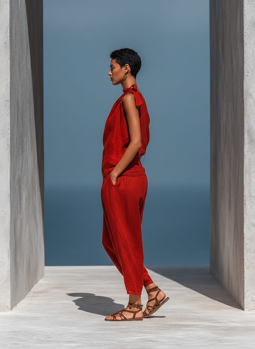 Women’s Red Linen Two-Piece Set: Asymmetrical One-Shoulder Top (Without Neck Scarf) & Wide-Leg Pants With Pockets