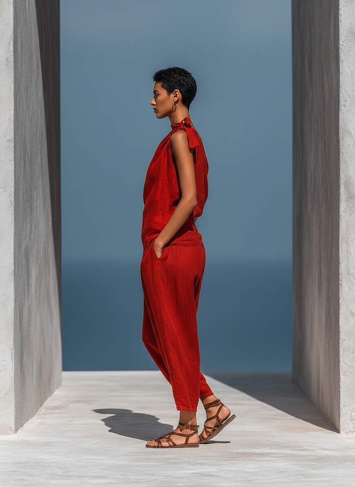 Women’s Red Linen Two-Piece Set: Asymmetrical One-Shoulder Top (Without Neck Scarf) & Wide-Leg Pants With Pockets