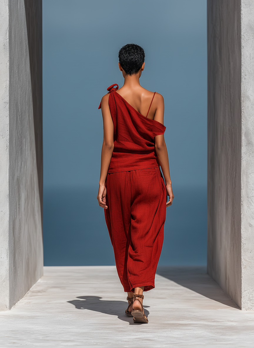 Women’s Red Linen Two-Piece Set: Asymmetrical One-Shoulder Top (Without Neck Scarf) & Wide-Leg Pants With Pockets