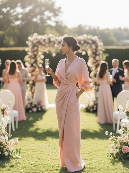Women's Pink Minimalist V-neck Linen Blend Maxi Dress