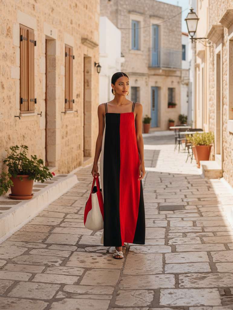 Women's Minimalist Color-Block Linen-Blend Maxi Dress With Square Neck And Spaghetti Straps