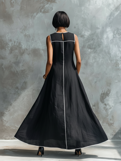Women's Minimalist Linen-Blend Maxi Dress With Contrast Trim, Round Neck, And Sleeveless Design