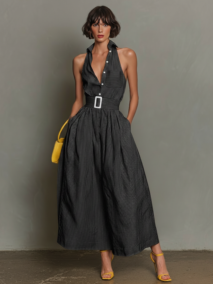 Women's Minimalist Striped Lapel Sleeveless Maxi Dress