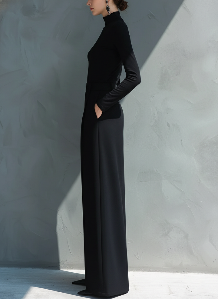 Women's Black Classic Knit Turtleneck Wide - Leg Jumpsuit