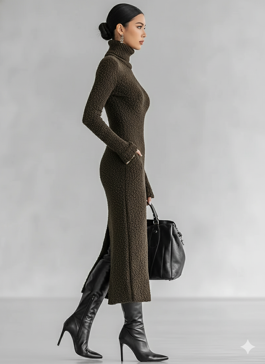 Women's Slim Fit Plush Knitted High Neck Side Slit Midi Dress