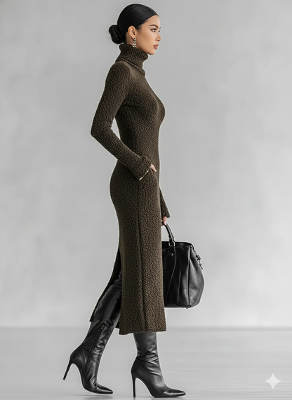 Women's Slim Fit Plush Knitted High Neck Side Slit Midi Dress