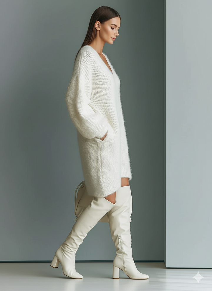 Women's White Elegant V - Neck Mini Sweater Dress