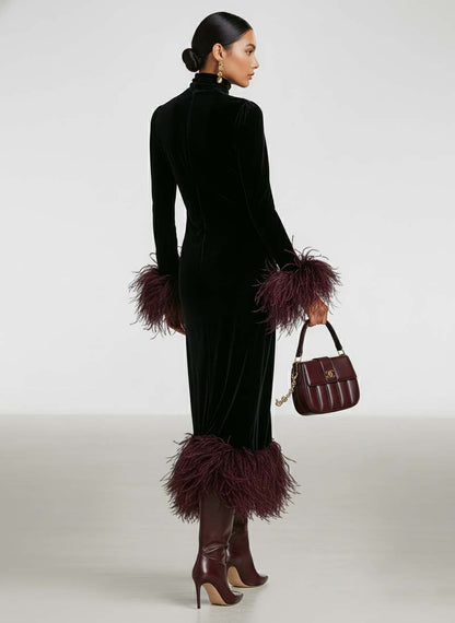 Women's Minimalist Velvet Patchwork Faux Ostrich Feather Cuffs And Hem Maxi Dress