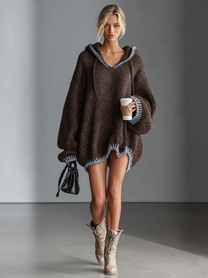 Women's Loose Hooded Pink Trimmed Knit Mini Dress